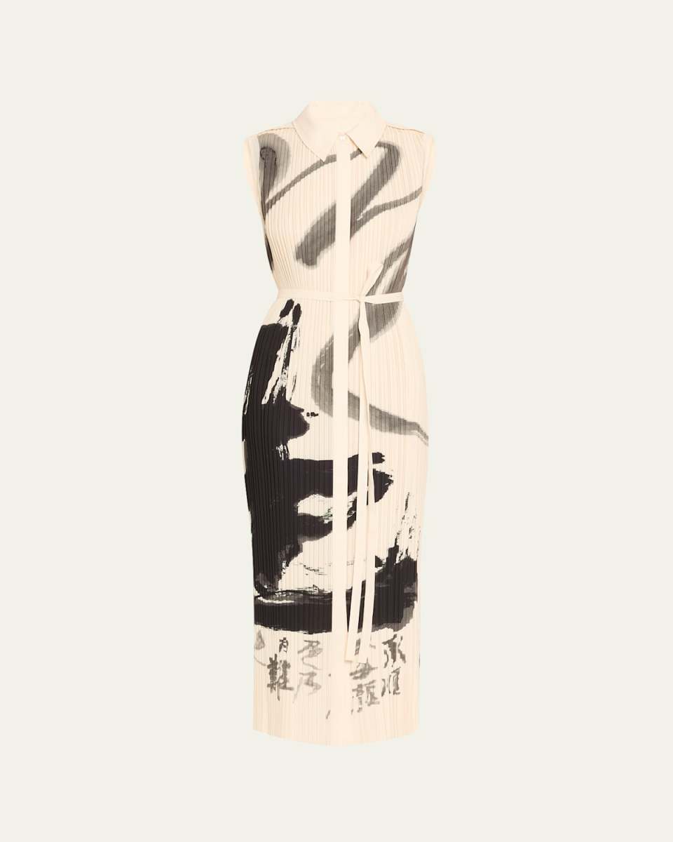 Pleated Sleeveless Maxi Shirtdress With Artwork By Tong